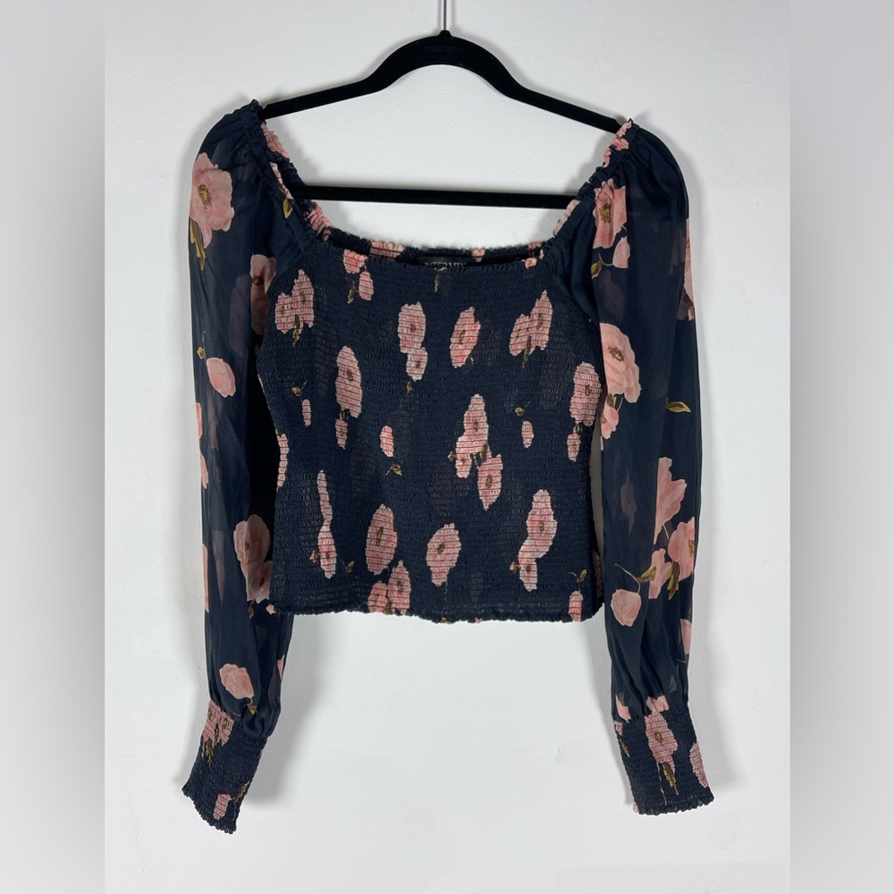 Intermix Silk Ruched off the shoulder peasant top with sheer sleeves